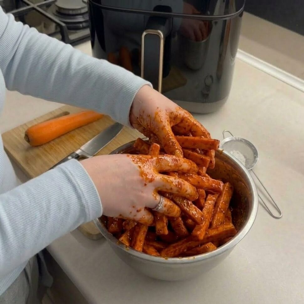 Fresh carrots peeled and cut into evenly sized sticks in a mixing bowl