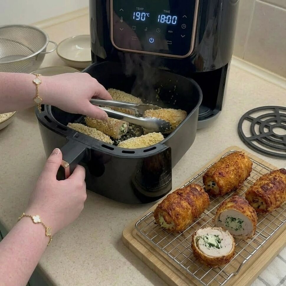 Stuffed chicken rolls coated in flour egg wash and seasoned panko crumbs