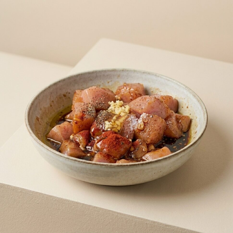 Raw chicken pieces being cut into even chunks while wooden skewers soak in cold water