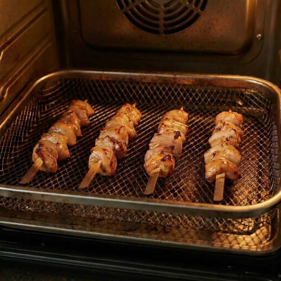 Marinated chicken pieces threaded tightly onto soaked wooden skewers with a small handle left
