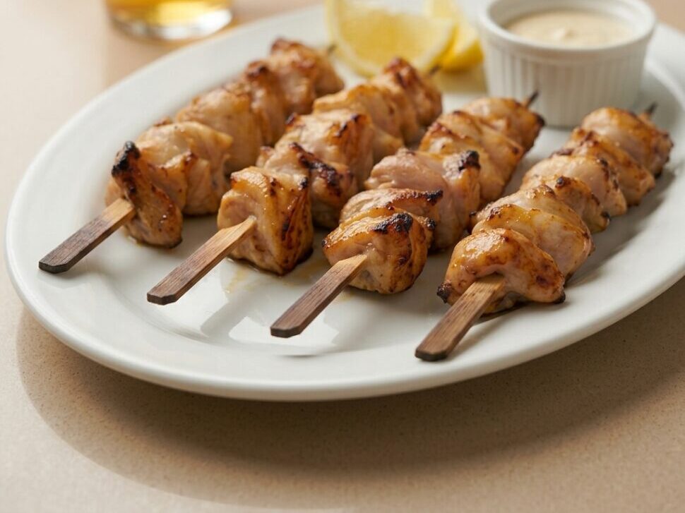 Chicken skewers placed in a single layer inside an air fryer basket without overlapping