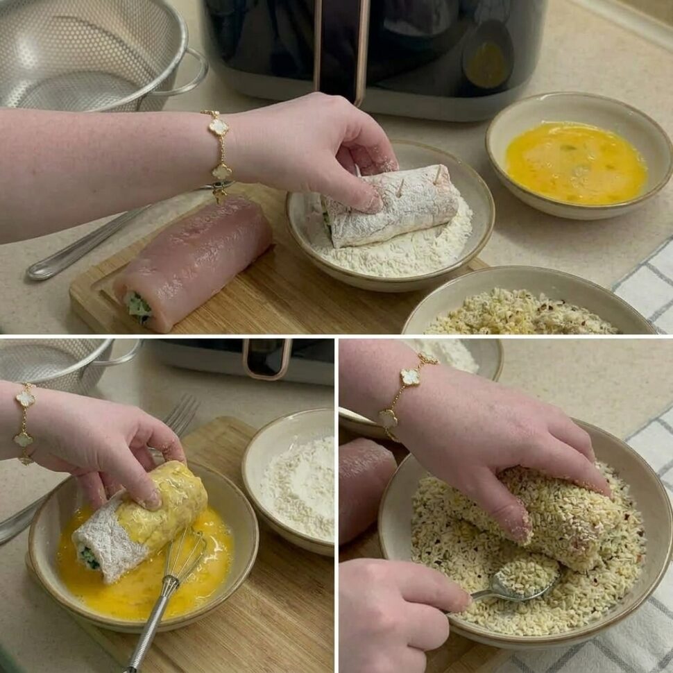 Breaded chicken rolls cooking in air fryer until golden crispy and fully cooked