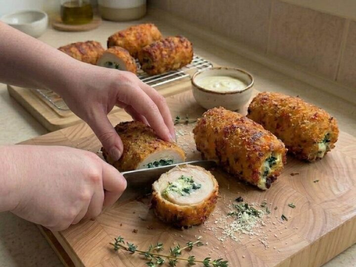 Close-up of crispy panko crust with juicy chicken and melted cheesy spinach center