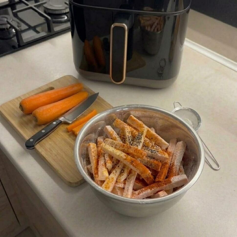 Carrot sticks tossed in cornstarch creating a light dusty coating for crispiness