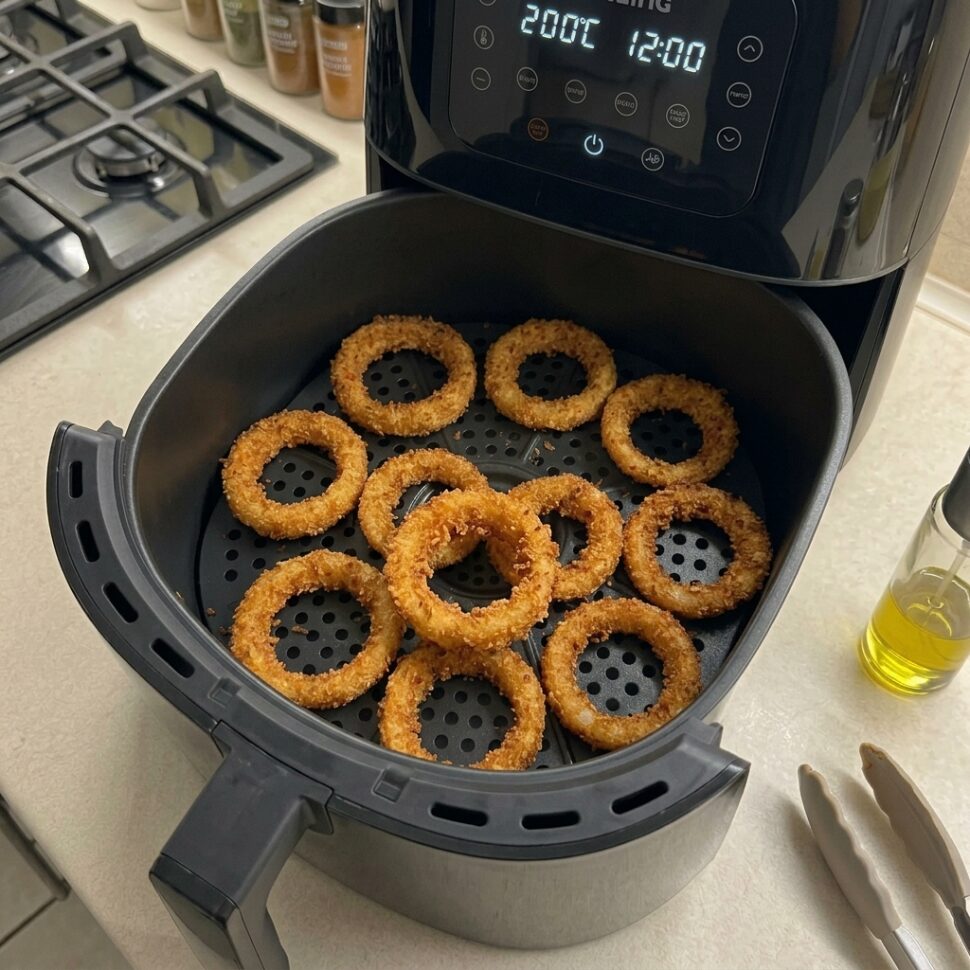 Shrimp and vegetables cooking in air fryer basket until charred and tender