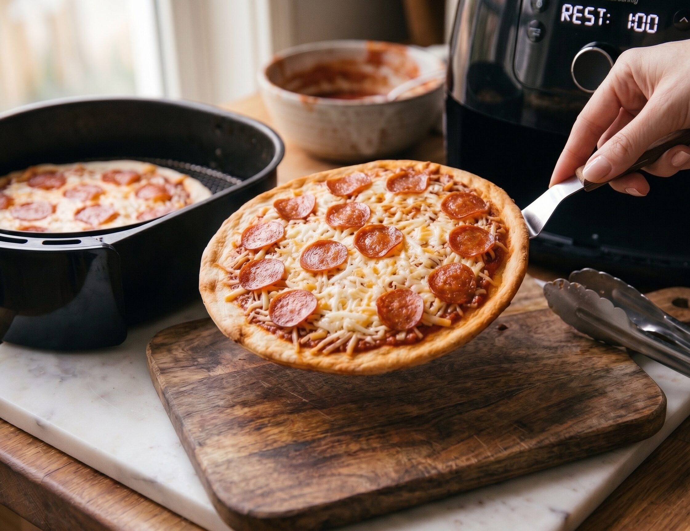 close up of melted cheese and pepperoni on crispy air fryer pizza