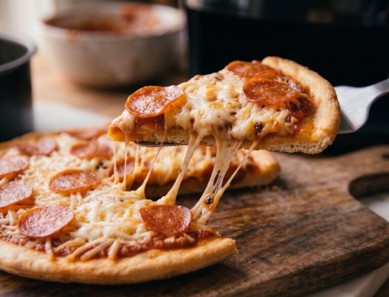 close up of golden crispy pizza crust from air fryer