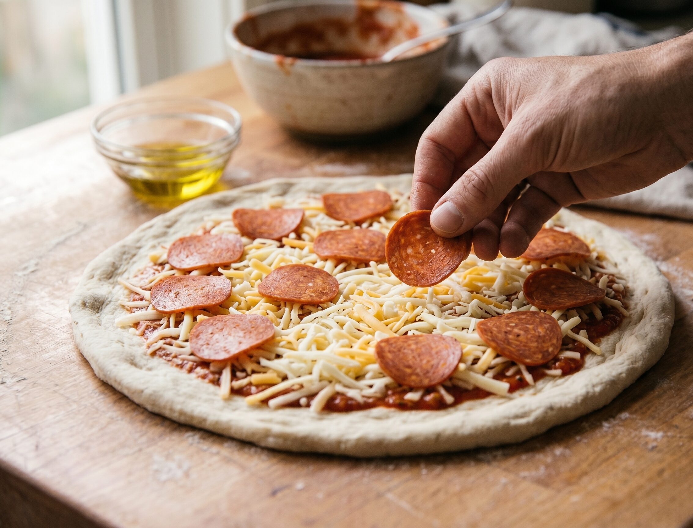 pepperoni slices placed evenly over cheese on pizza before cooking