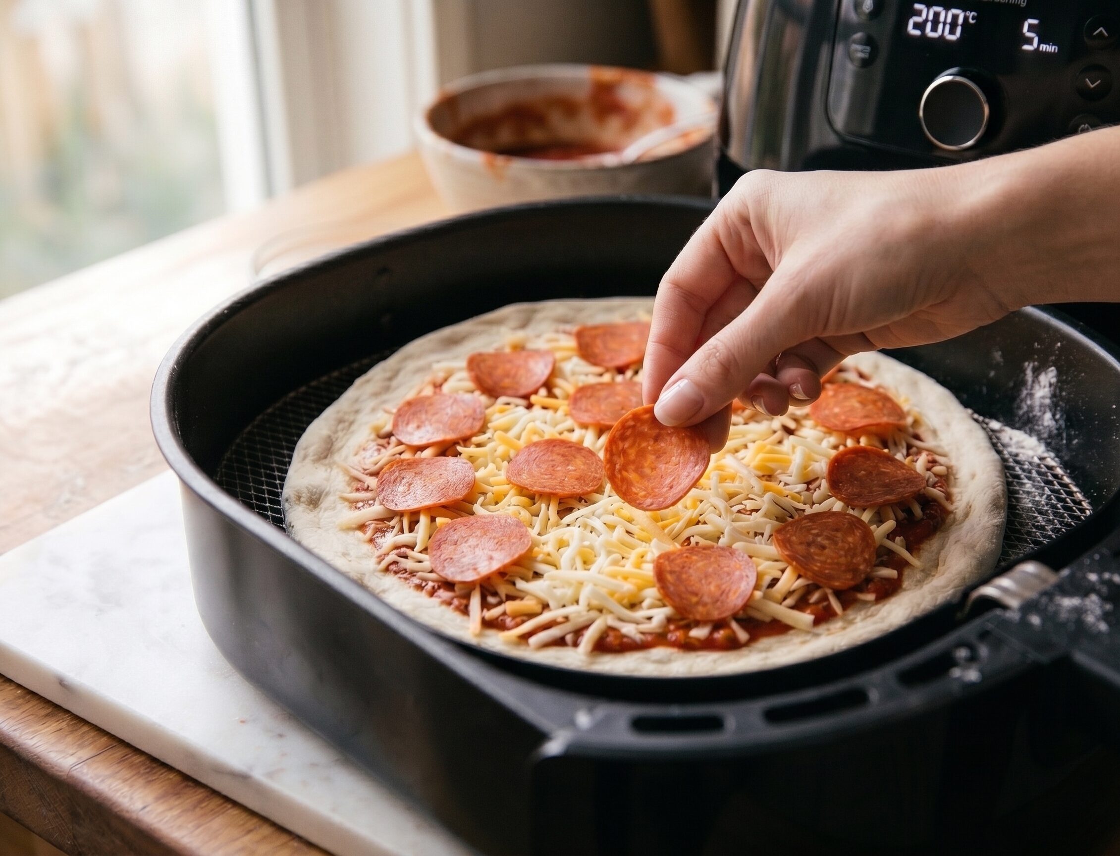 crispy air fryer pepperoni pizza with melted cheese ready to serve