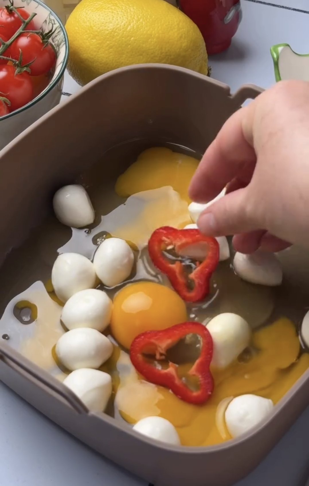 10-minute air fryer breakfast sausage and red peppers being chopped on a wooden board
