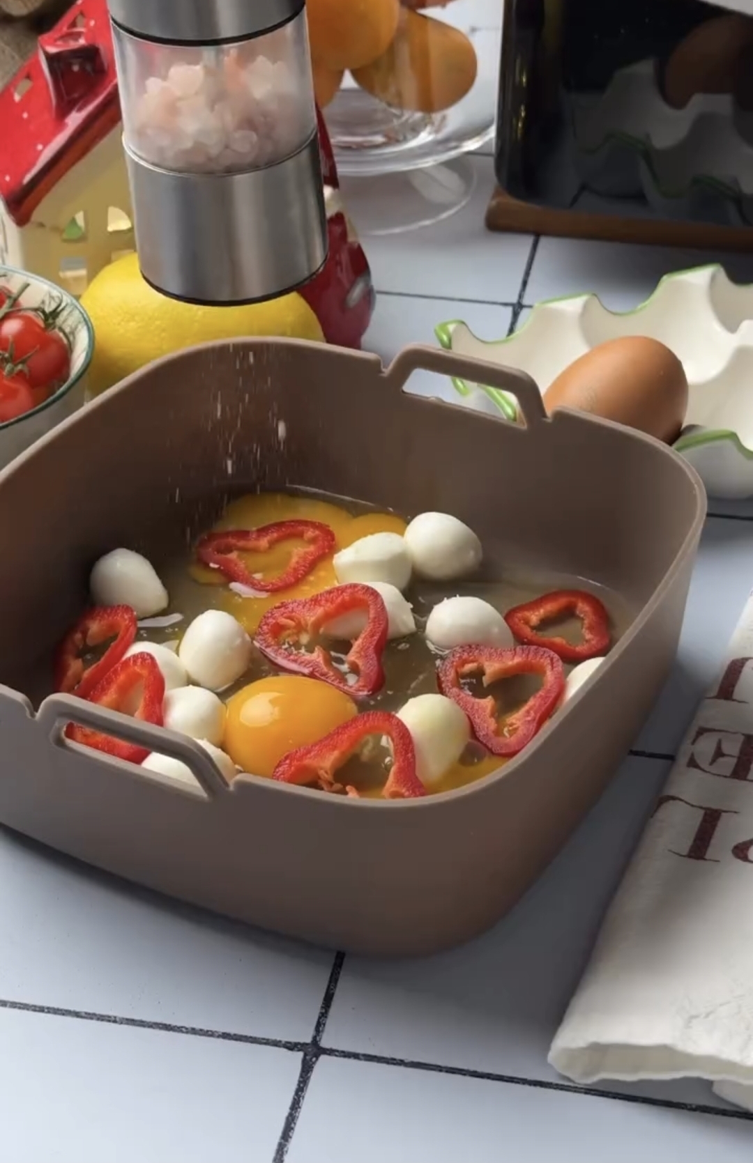 10-minute air fryer breakfast served on a wooden board with a side of toast