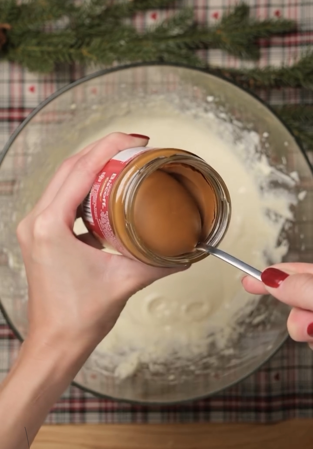smooth and creamy biscoff cheesecake batter ready to pour