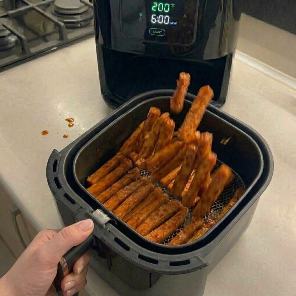 Seasoned carrot sticks cooking in air fryer basket turning golden and crisp