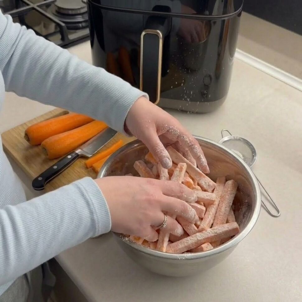 Crispy air fryer carrot fries with golden edges coated in smoky spices and light seasoning
