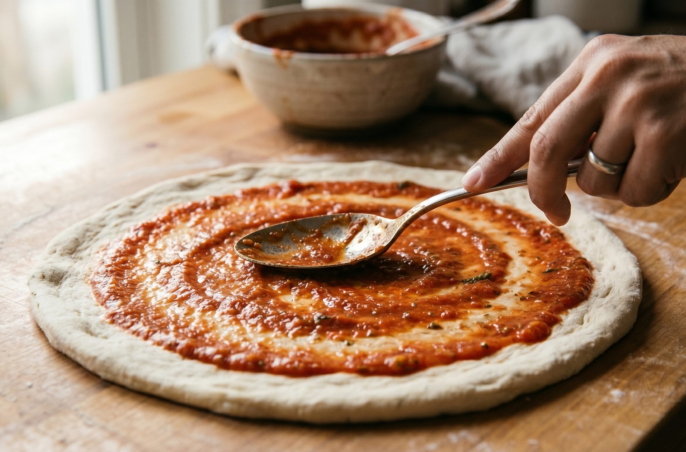 tomato sauce spread on pizza base topped with shredded cheese