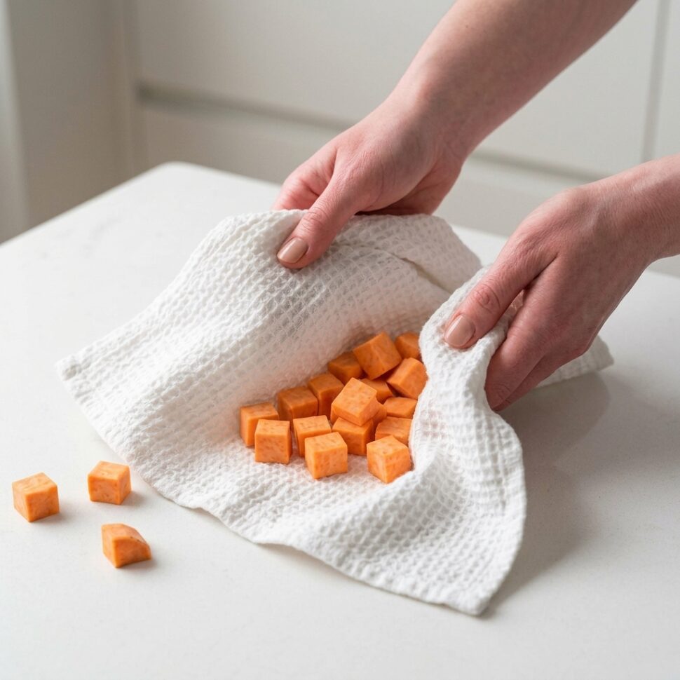 Soaked sweet potato cubes being drained and dried thoroughly with a kitchen towel