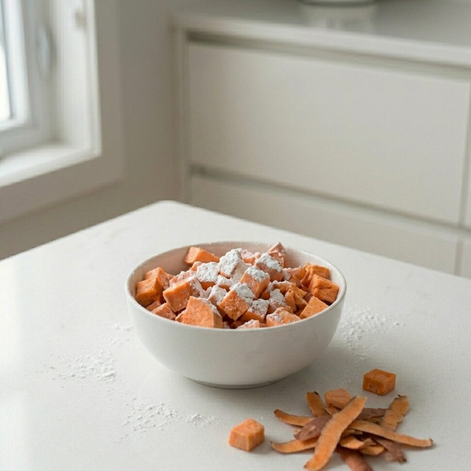 Soaked sweet potato cubes being drained and dried thoroughly with a kitchen towel