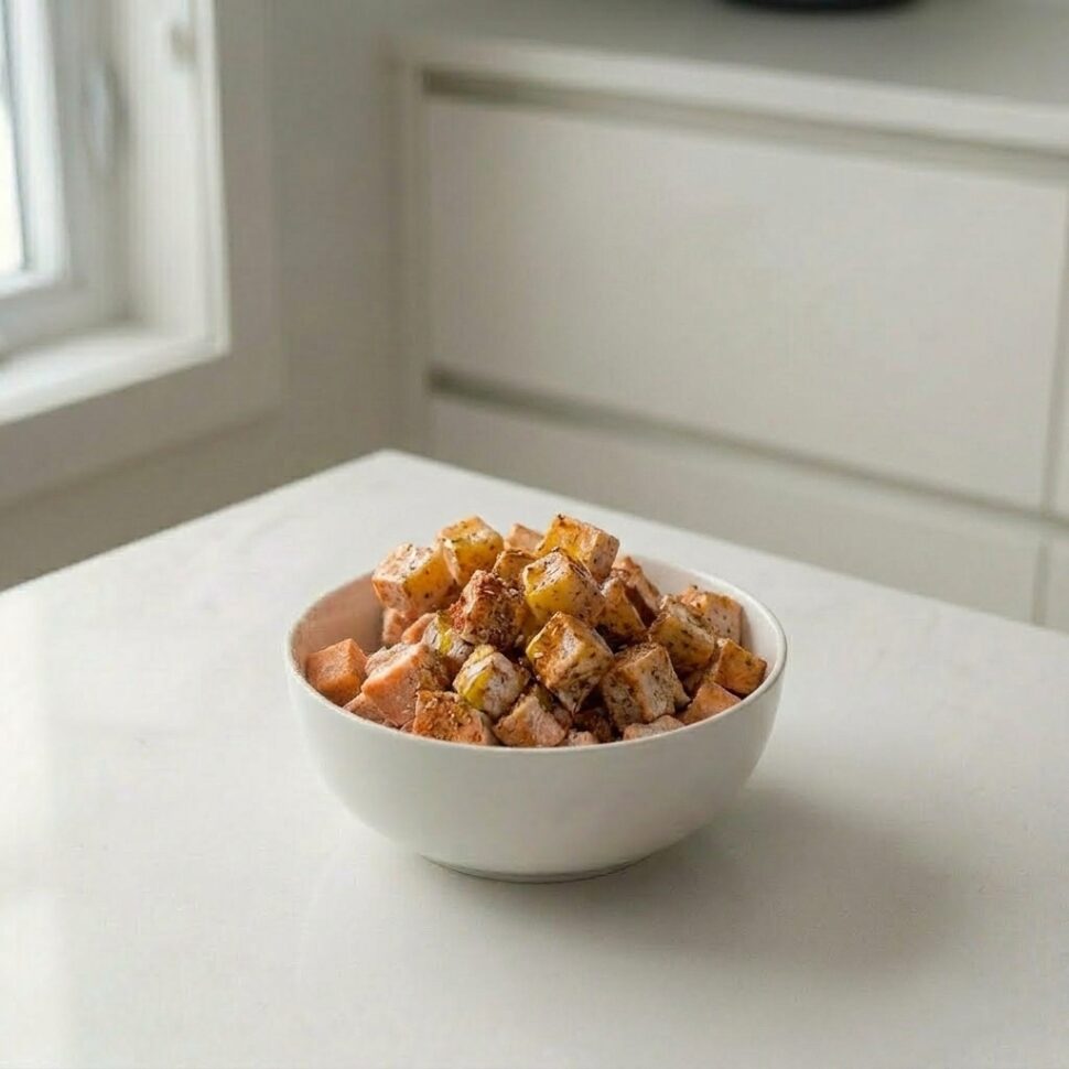 Sweet potato cubes tossed with olive oil salt pepper garlic powder and paprika