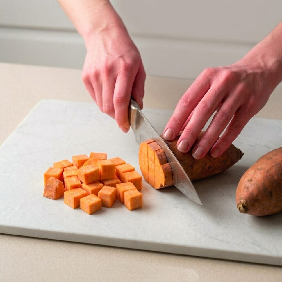 Crispy air fryer sweet potato cubes with caramelized golden edges and soft fluffy centers