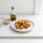 Dry sweet potato cubes being coated in cornstarch for a crispy outer texture