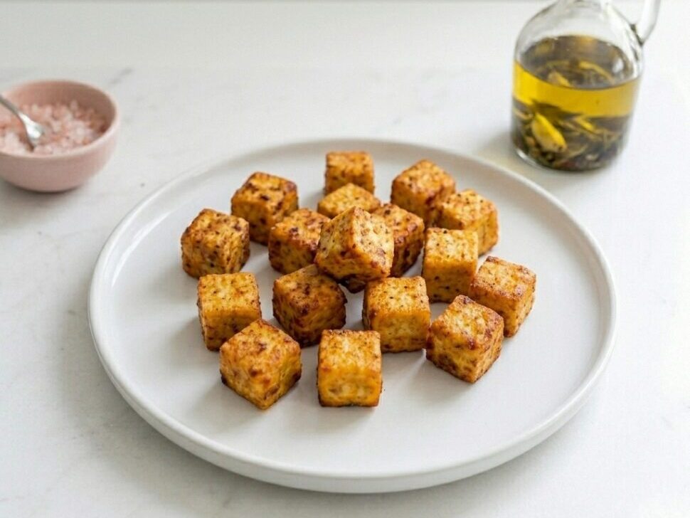 Seasoned sweet potato cubes cooking in an air fryer until golden and crispy on the outside