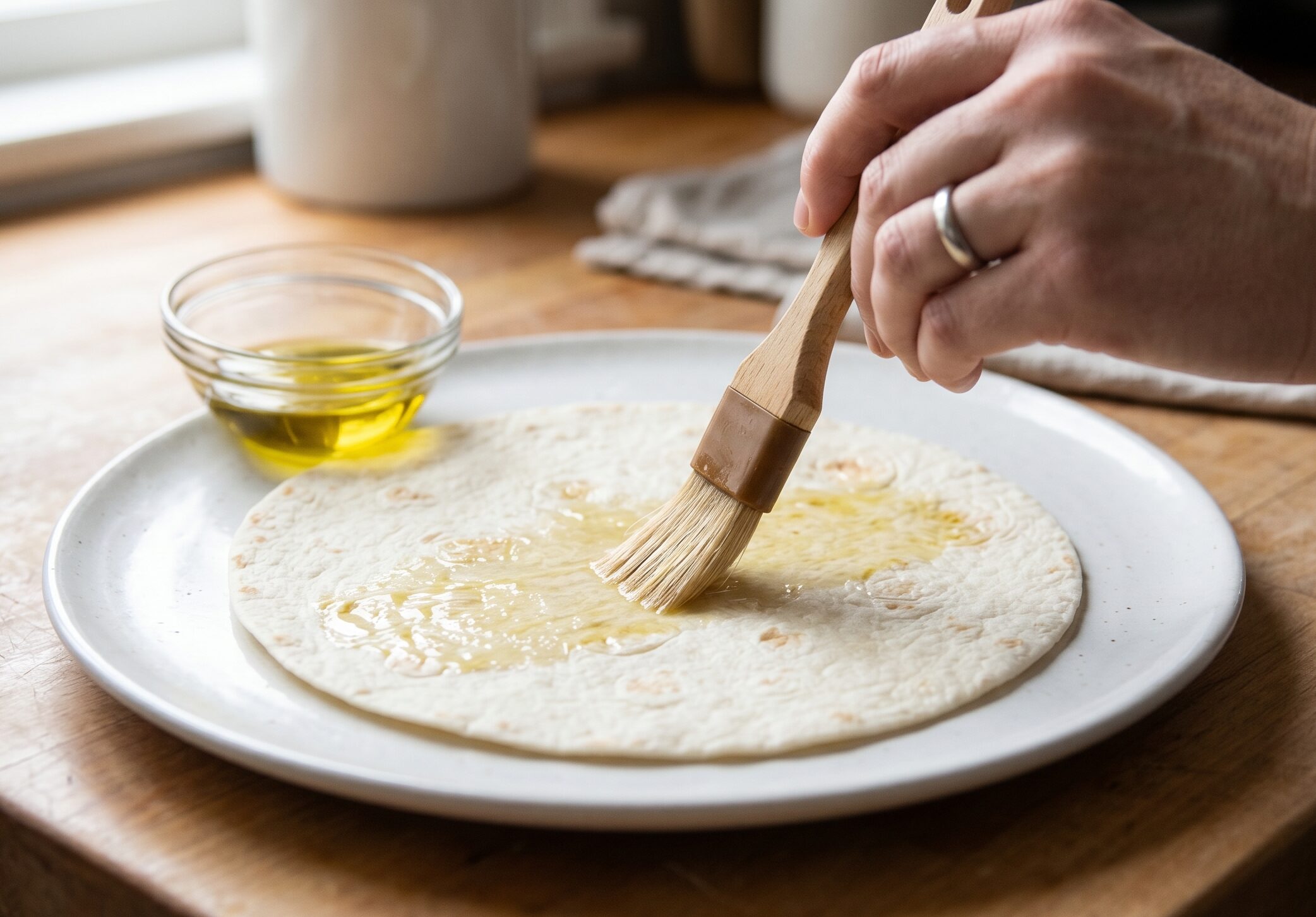 pizza dough or flatbread placed in air fryer basket ready for topping