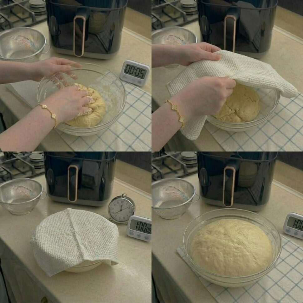 Dough being kneaded and left covered to rise until doubled in size